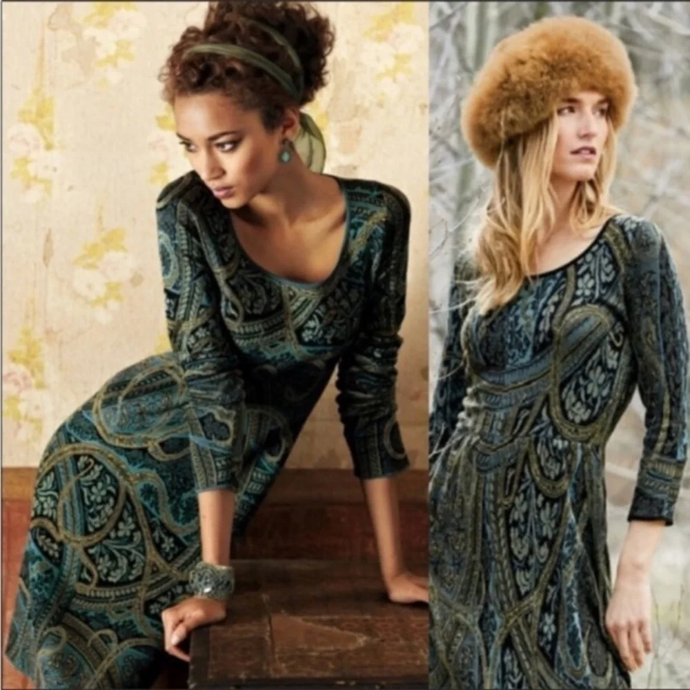 Peruvian Connection Kashmiri Paisley Sweater Dress Size M Green Pima Cotton - Picture 4 of 13